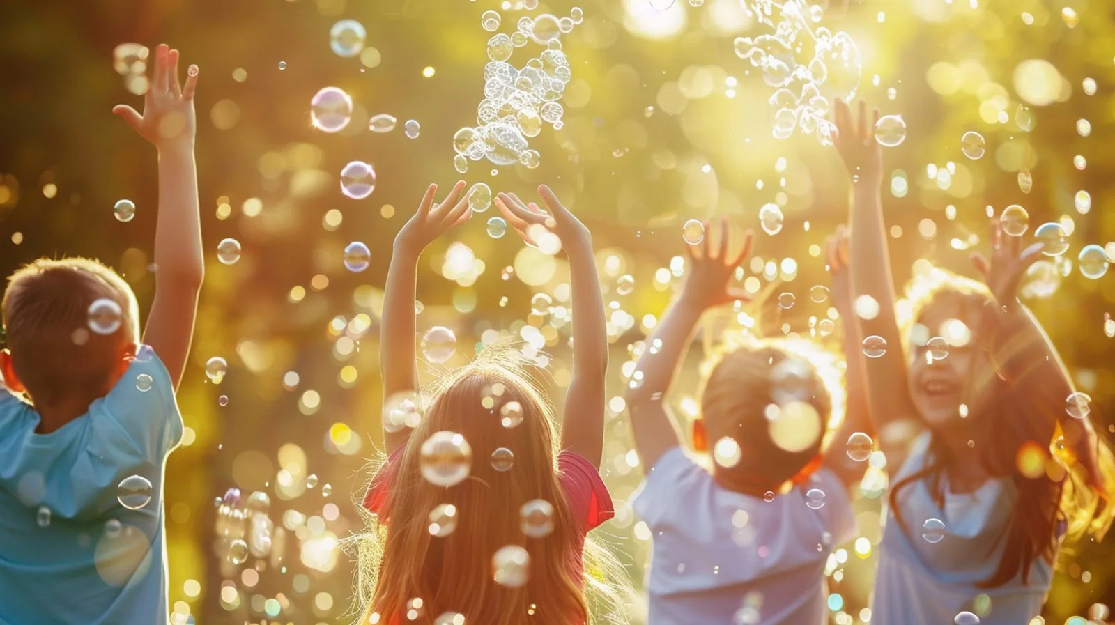 Kids reaching up to catch soap bubbles in sunlight