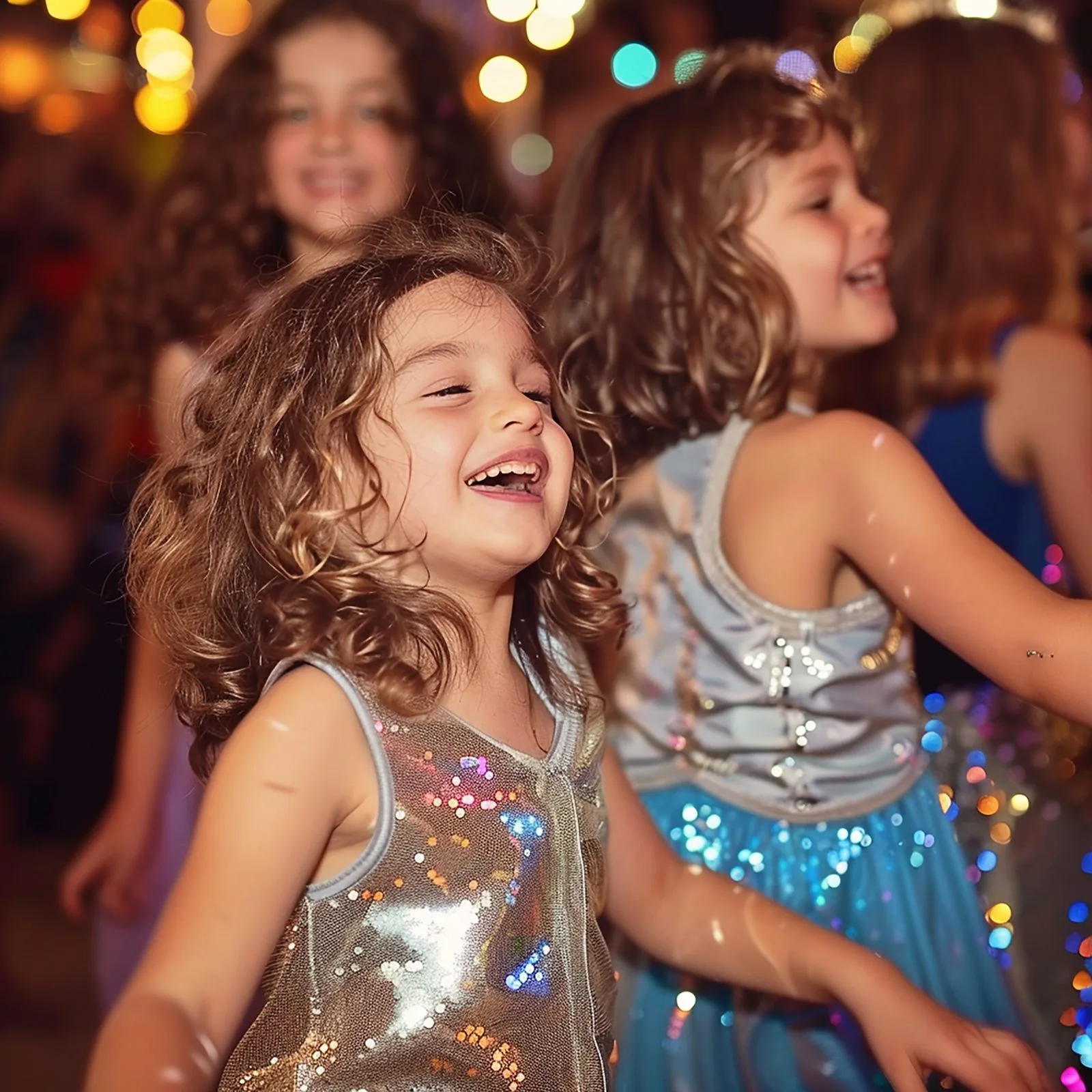 Kids in sparkly dresses dancing at an indoor disco party