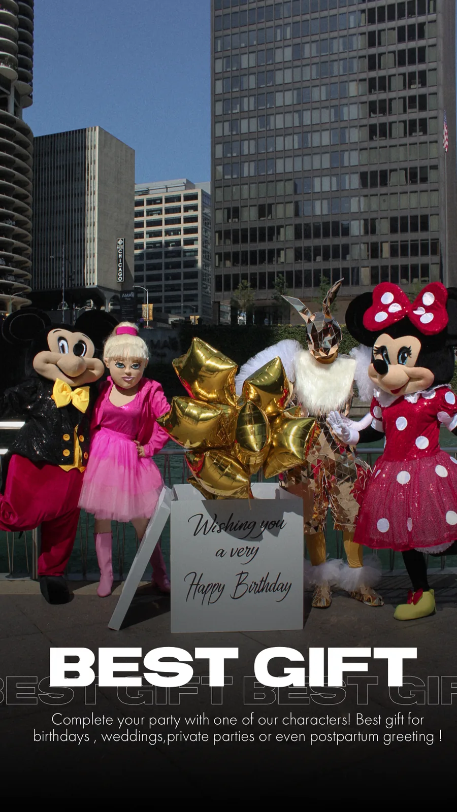 Mickey, Minnie and characters with happy birthday sign