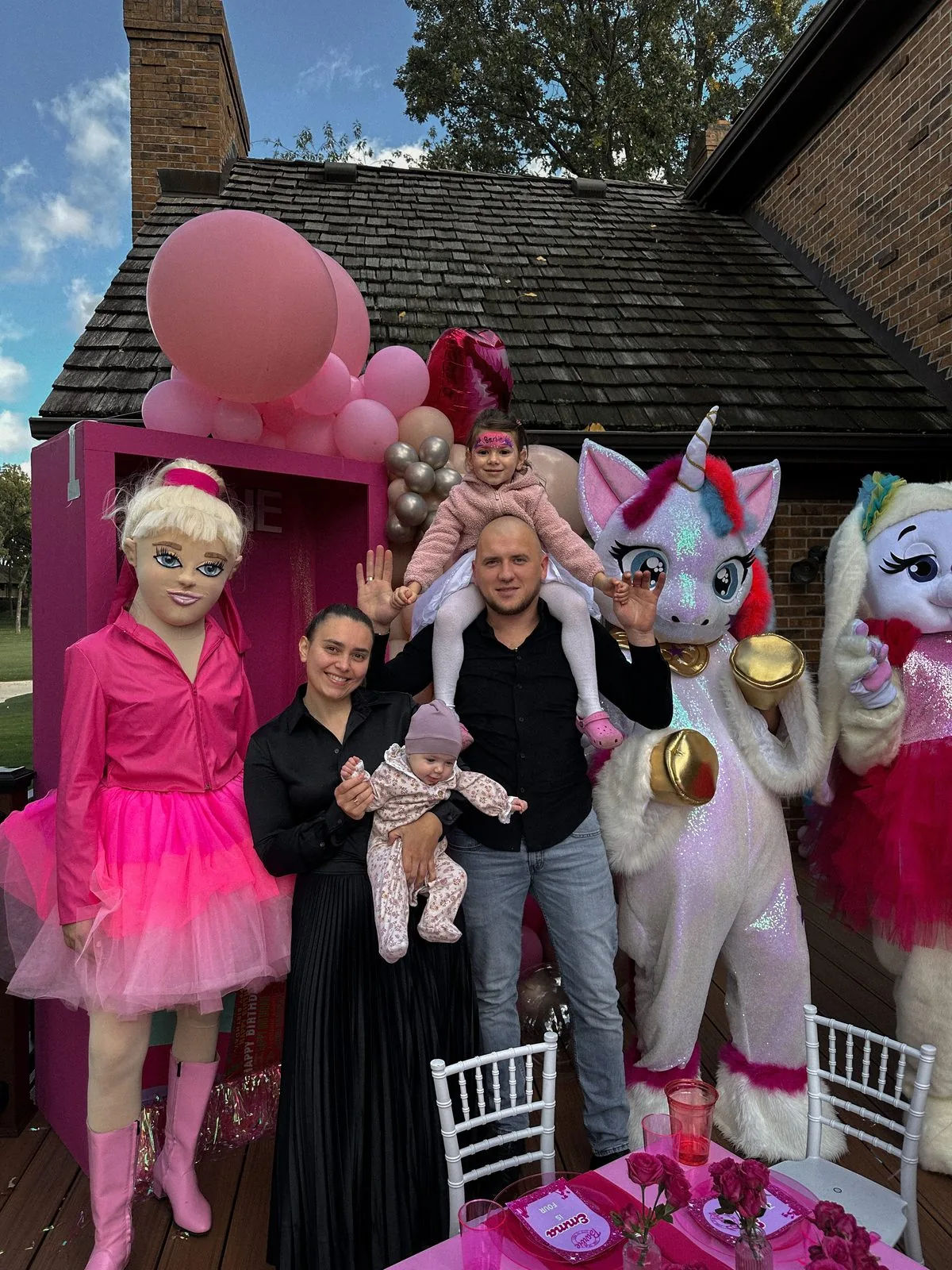 Pink princess birthday party with unicorn mascot