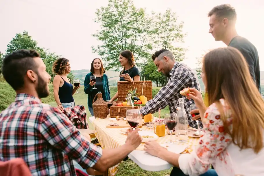 Adults enjoying an outdoor wine picnic celebration