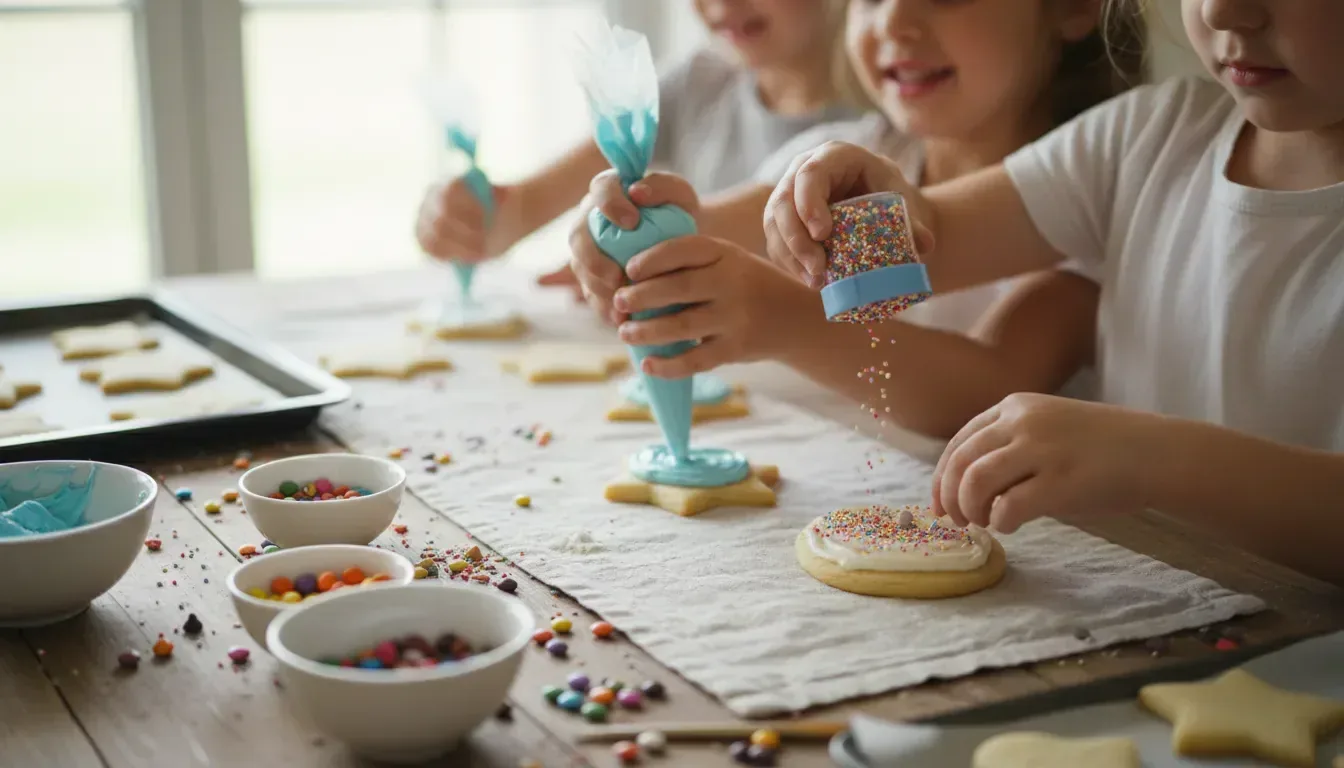 Kids decorating star-shaped cookies with icing and sprinkles