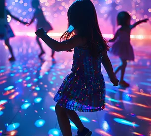 Girls dancing on a glowing neon disco floor