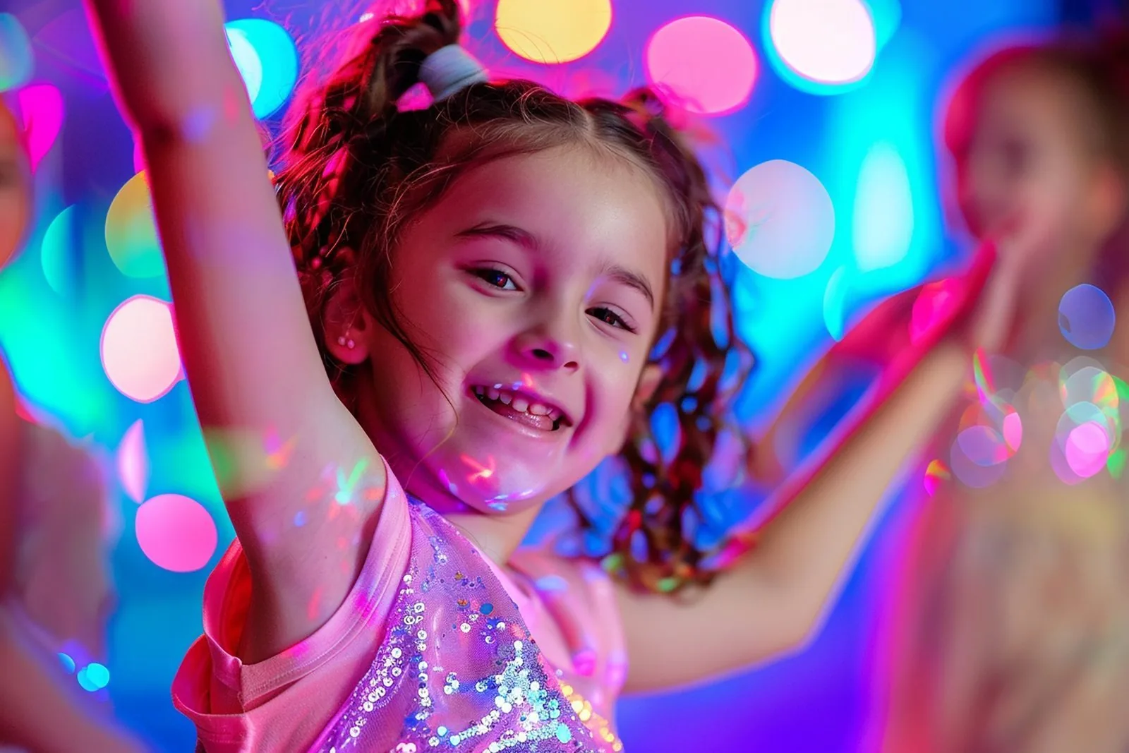 Smiling girl dancing at a colorful neon party